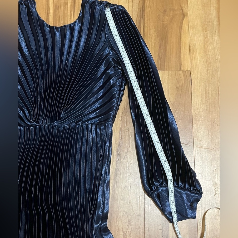 Sandro Paris Navy Pleated Satin Midi Dress Boat Neck V-Back EU 40 - Picture 12 of 13